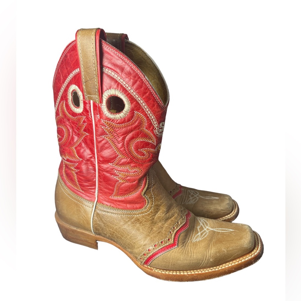 Stephy Red and Tan Leather Western Boots Size 7.5 Women
